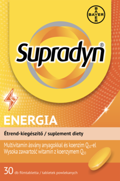 Opakowanie Supradyn Energia, multivitamin z koenzymem Q10, żółto-pomarańczowe, z błyskawicą i tabletką.