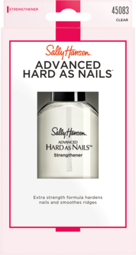 Białe, kartonowe opakowanie Sally Hansen Advanced Hard As Nails Strengthener, utwardzacz, widok z przodu.