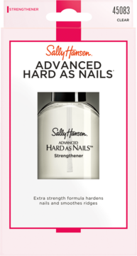Białe, kartonowe opakowanie Sally Hansen Advanced Hard As Nails Strengthener, utwardzacz, widok z przodu.