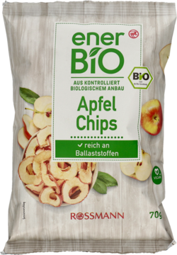 Białe opakowanie enerBiO Apfel Chips 70g, z zieloną etykietą. Widoczne suszone plasterki jabłka i całe jabłko.