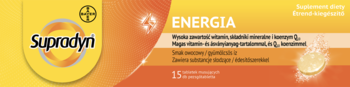 Żółto-pomarańczowe opakowanie Supradyn Energia, witaminy i minerały, 15 tabletek musujących, widok z przodu.