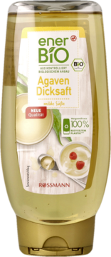 EnerBio syrop z agawy w przezroczystej butelce ze złotą nakrętką. Etykieta BIO z grafiką deserów i 100% recyklingu.