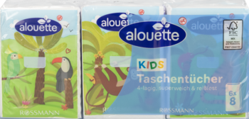 alouette chusteczki higieniczne dla dzieci, 6x8 szt., z kolorowym motywem dżungli i małpką, widok z przodu.