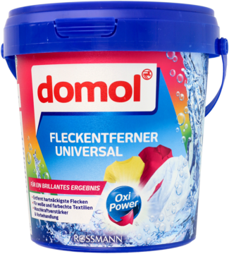 Domol Oxi odplamiacz uniwersalny w czerwono-niebieskim wiaderku 750g, widok z przodu. Do tkanin.