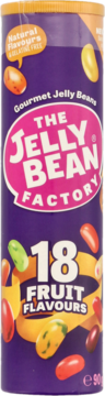 Fioletowa tuba The Jelly Bean Factory, 18 owocowych smaków, żelki gourmet, naturalne, bez żelatyny, widok z przodu.