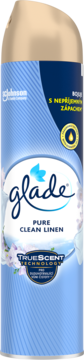 Glade Pure Clean Linen odświeżacz powietrza w aerozolu, niebieska puszka z beżowym dozownikiem. Widok z przodu.