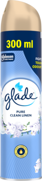 Glade Pure Clean Linen 300 ml, niebieski odświeżacz powietrza w aerozolu, z etykietą z fioletowymi kwiatami, widok z przodu.