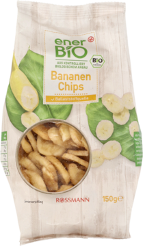 Biała torebka chipsów bananowych enerBiO Rossmann, widok z przodu, z oknem pokazującym chrupiące chipsy.