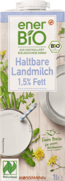EnerBiO Haltbare Landmilch 1,5% Fett, karton z grafiką mleka, mniszków, certyfikat BIO, widok z przodu.