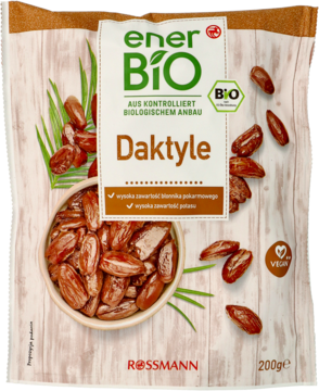 Białe opakowanie EnerBio Daktyle Bio 200g. Na froncie miska suszonych daktyli bez pestek, widok z przodu.