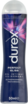 Ciemnoniebieski Durex Perfect Gliss, żel silikonowy 50ml, butelka z przezroczystą nakrętką, widok przód.