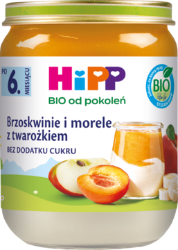 HiPP mus owocowy brzoskwinie i morele z twarożkiem, dla niemowląt po 6. m-cu, bez cukru, widok z przodu.