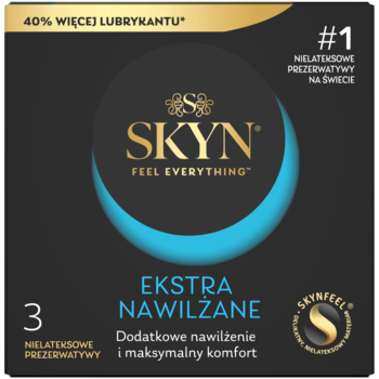 Czarne opakowanie prezerwatyw Skyn Ekstra Nawilżane, nielateksowe, z niebieskim detalem i złotym logo, widok z przodu.