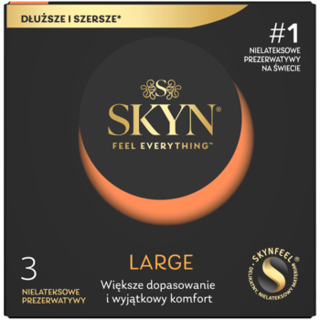 Czarne opakowanie 3 nielateksowych prezerwatyw SKYN Large, dłuższych i szerszych, z pomarańczowym logo.