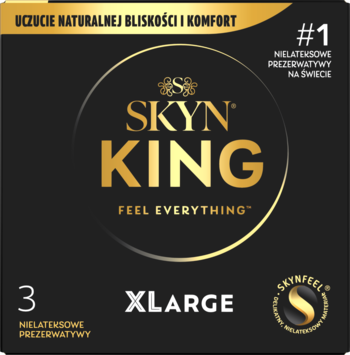 Czarne opakowanie prezerwatyw SKYN KING XLARGE, 3 nielateksowe sztuki, złote napisy, widok z przodu.