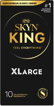 Front czarnego opakowania prezerwatyw SKYN King XLarge, 10 nielateksowych sztuk, z hasłem Feel Everything.