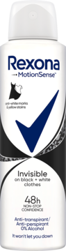 Antyperspirant Rexona Invisible Black+White 48h w białej butelce aerozolu, z grafiką sukienki i koszuli, widok z przodu.