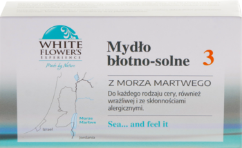 Białe mydło błotno-solne White Flowers z Morza Martwego, w prostokątnym opakowaniu, widok frontalny.