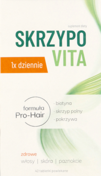 Front opakowania SkrzypoVita, suplementu diety Pro-Hair 1x dziennie. Biało-zielony karton dla włosów, skóry, paznokci.