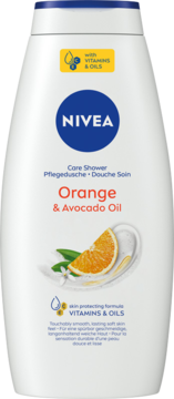 Biała butelka NIVEA Care Shower Orange & Avocado Oil z witaminami i olejami, widok z przodu.