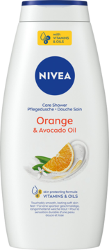 Biała butelka NIVEA Care Shower Orange & Avocado Oil z witaminami i olejami, widok z przodu.