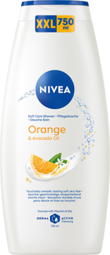 NIVEA Żel pod prysznic Orange & Avocado Oil 750ml, biała butelka z niebieskim logo i pomarańczą. Widok z przodu.