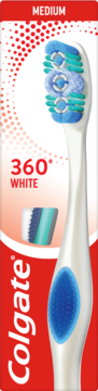 Szczoteczka Colgate 360° White, średnia, biała z niebieskimi włóknami, w czerwono-białym opakowaniu, z czyścikiem.