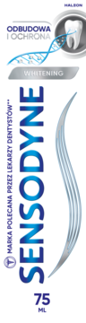 Pionowe opakowanie pasty Sensodyne Odbudowa i Ochrona Whitening 75 ml, z niebieskim napisem, symbolem zęba i DNA.