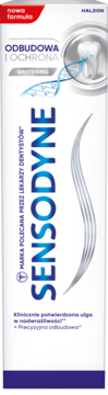 Biała tubka pasty Sensodyne Odbudowa i Ochrona Whitening, z niebieskim logo i grafiką zęba, widok z przodu.