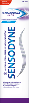 Sensodyne Ultraszybka Ulga Mint, pasta do zębów na nadwrażliwość. Białe opakowanie z fioletem, widok z przodu.