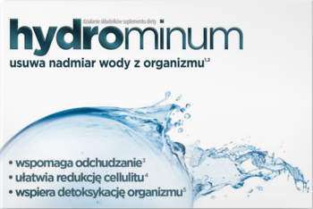 Hydrominum, suplement diety na nadmiar wody, z grafiką wody. Wspomaga odchudzanie, detoks i redukcję cellulitu.
