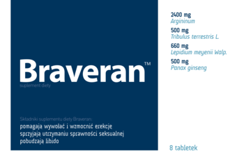 Braveran, suplement diety na erekcję i libido, w ciemnoniebieskim pudełku z widoczną listą składników: Arginina, Żeń-szeń, Maca.