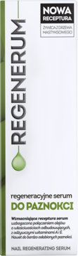 Regenerum regeneracyjne serum do paznokci, białe pudełko z zielonym paskiem i kroplą, frontowe ujęcie.