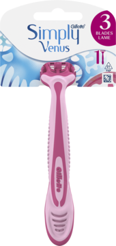 Różowa maszynka jednorazowa Gillette Simply Venus 3 dla kobiet z 3 ostrzami w opakowaniu, widok z przodu.