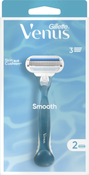 Gillette Venus Smooth maszynka do golenia, 3 ostrza, w niebieskim opakowaniu z wzorem wody, widok z przodu.