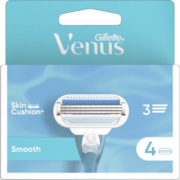 Gillette Venus Smooth, 4 wkłady dla kobiet z 3 ostrzami i technologią Skin Cushion, niebieskie opakowanie, widok z przodu.