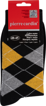 Męskie skarpety Pierre Cardin 40-45, czarno-żółto-szare w romby, na białych liniach, z czerwoną metką.