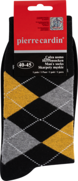 Męskie skarpety Pierre Cardin 40-45, czarno-żółto-szare w romby, na białych liniach, z czerwoną metką.