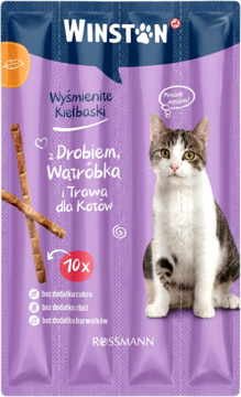 Winston Wyśmienite Kiełbaski dla Kotów z Drobiem i Wątróbką, fioletowa paczka 10x, bez cukru i zbóż, widok przód.