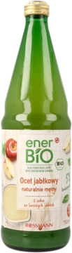 enerBIO ocet jabłkowy naturalnie mętny w zielonej szklanej butelce z białą etykietą i logo Rossmann.