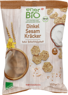 enerBiO Dinkel Sesam Kräcker, beżowa paczka krakersów orkiszowo-sezamowych, z okienkiem i logo BIO.