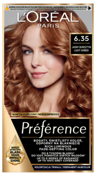 L'Oréal Préférence 6.35 Jasny Bursztyn, trwała farba do włosów, opakowanie z rudowłosą modelką na froncie.