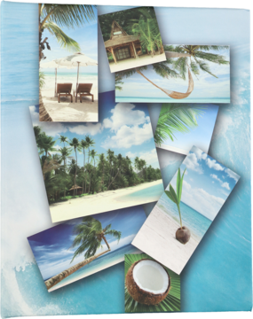 Album na zdjęcia 10x15 cm, ze sztywną okładką z kolażem tropikalnych plaż i palm.