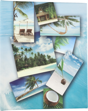 Album na zdjęcia 10x15 cm, ze sztywną okładką z kolażem tropikalnych plaż i palm.