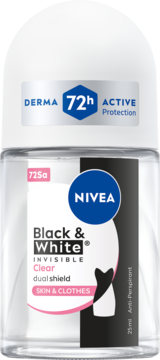 Nivea Black & White Invisible Clear 72h antyperspirant roll-on 25ml, przezroczysta butelka, widok z przodu.
