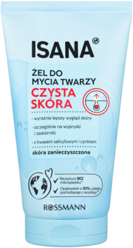 Jasnoniebieska tubka żelu Isana Czysta Skóra do mycia twarzy, widok z przodu, z kwasem salicylowym i cynkiem.