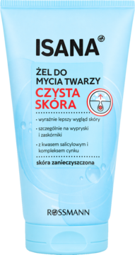 Jasnoniebieska tubka żelu Isana Czysta Skóra do mycia twarzy, oczyszcza i redukuje wypryski, widok z przodu.