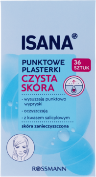 Opakowanie Isana Punktowe Plasterki Czysta Skóra, 36 szt., z kwasem salicylowym na wypryski, biało-niebieskie, widok z przodu.