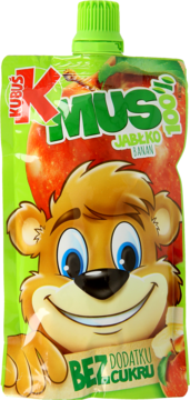 Zielony mus Kubuś Jabłko Banan w saszetce, z wizerunkiem misia, widok z przodu. Bez dodatku cukru.