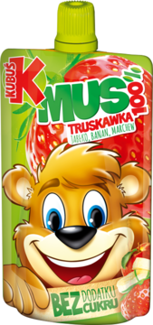 Kubuś Mus Truskawka 100% w zielono-czerwonej saszetce z misiem, bez dodatku cukru, widok z przodu.